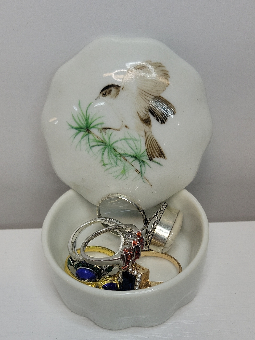 Porcelain Trinket Box with Bird Design Filled Wuth Sz 10 Rings